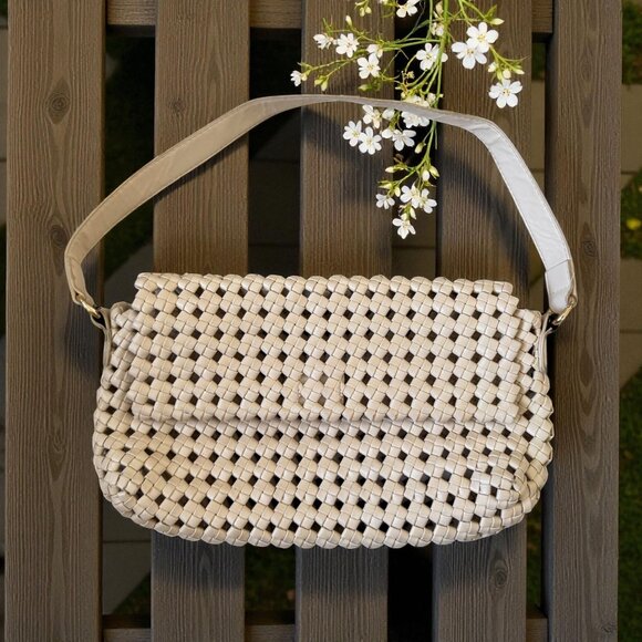 BEIGE Woven Basket Weave Flap Mini Shoulder Bag - Picture 1 of 9